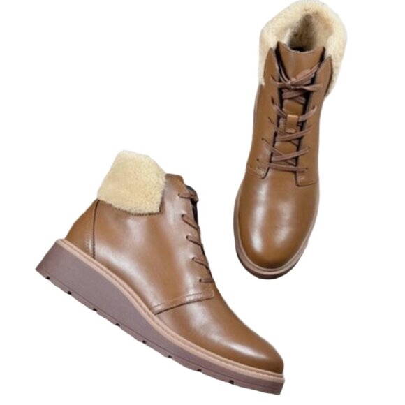 Clarks Mahogany Leather Faux Fur Trim Wedge Boots 8.5 - Picture 3 of 8